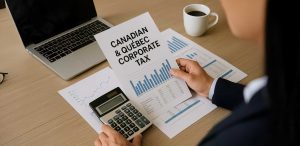 A professional workspace featuring a person in a suit reviewing corporate tax documents with charts and graphs, a calculator, a laptop, and a coffee mug on a wooden desk—focused on Canadian and Québec tax planning.
