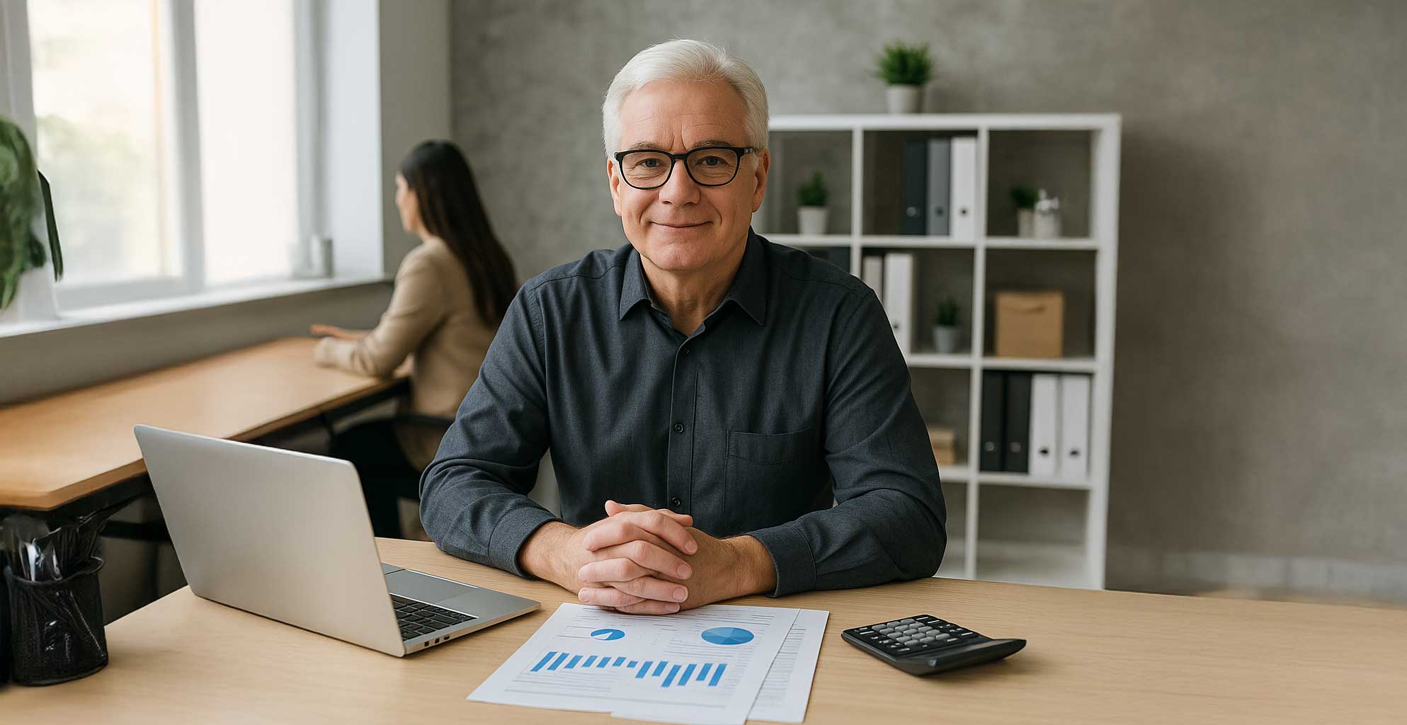 Smiling middle-aged man with white hair and glasses sitting at a desk with financial charts, a laptop, and a calculator, symbolizing professional accounting services in a modern office setting.