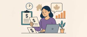 Flat-style digital illustration of a woman working at a desk with a laptop and financial documents, featuring symbols of Canadian taxation like a maple leaf, bar chart, and dollar signs—representing inheritance and tax planning for non-residents in Canada.