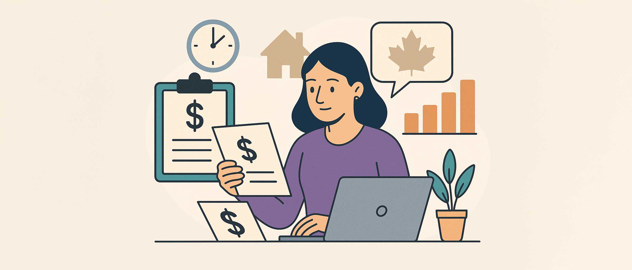 Flat-style digital illustration of a woman working at a desk with a laptop and financial documents, featuring symbols of Canadian taxation like a maple leaf, bar chart, and dollar signs—representing inheritance and tax planning for non-residents in Canada.