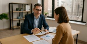 A personal accountant reviewing financial documents with a client in a modern Montreal office