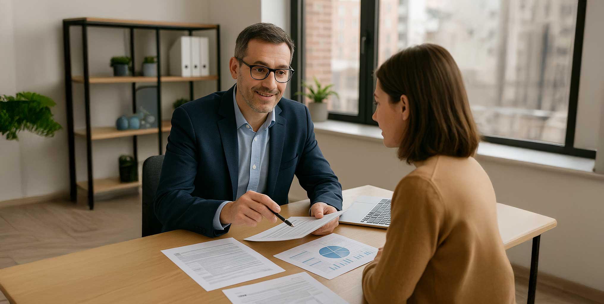 A personal accountant reviewing financial documents with a client in a modern Montreal office