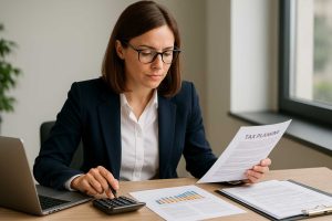 A professional woman in a navy blazer carefully reviews a corporate tax planning document at a bright office desk with a calculator, laptop, and financial charts—illustrating Accounting Montreal’s corporate tax planning services.