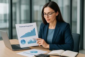 A professional woman in a navy blazer sits at a desk, reviewing a financial projections chart beside a laptop, calculator, and documents in a bright, modern office—representing strategic planning services from Accounting Montreal.