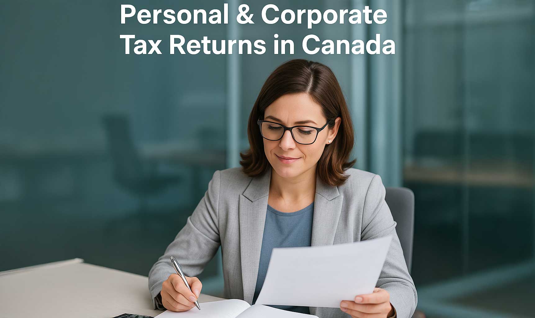 A professional woman in business attire reviews tax documents at a modern office desk, representing strategic personal and corporate tax preparation services offered by Accounting Montreal in Canada.
