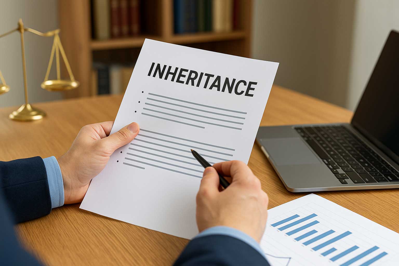 A professional reviewing an inheritance document at a wooden desk, with a laptop, legal scales, and financial charts in view—representing estate and tax planning services in Canada by Accounting Montreal.