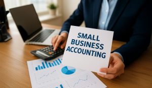 Businessperson reviewing small business accounting documents at a well-lit desk with a laptop, charts, and a calculator—highlighting the core elements of small business financial management in Canada.