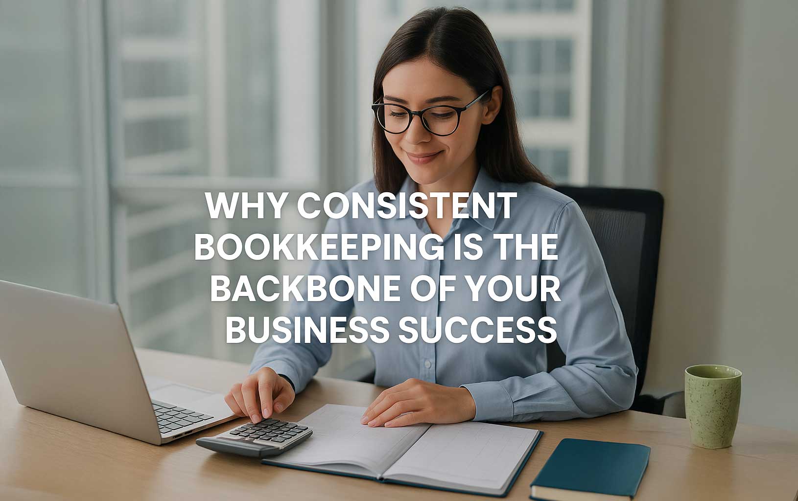 Focused young bookkeeper in a blue shirt working at a modern desk with a laptop, calculator, and ledger, representing Accounting Montreal’s professional bookkeeping services for Canadian businesses.