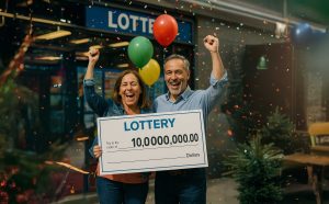 A high-resolution photo of a joyful middle-aged Canadian couple celebrating outside a lottery kiosk, holding an oversized $10 million cheque, surrounded by colorful balloons and falling confetti under bright daylight.