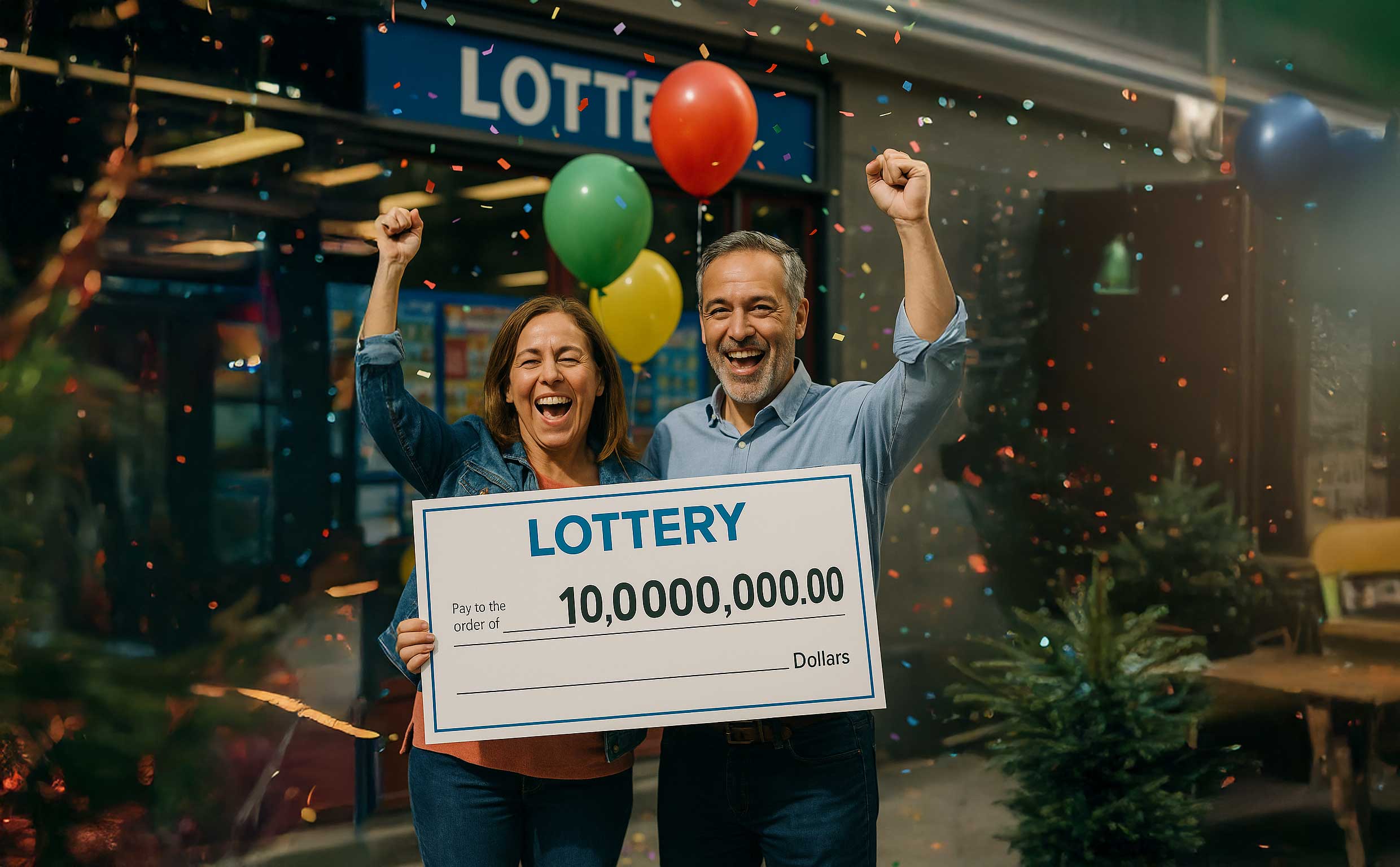 A high-resolution photo of a joyful middle-aged Canadian couple celebrating outside a lottery kiosk, holding an oversized $10 million cheque, surrounded by colorful balloons and falling confetti under bright daylight.