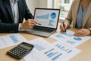 Business professionals reviewing tax charts and documents in a modern office, representing effective vs. marginal tax rates in Canada.