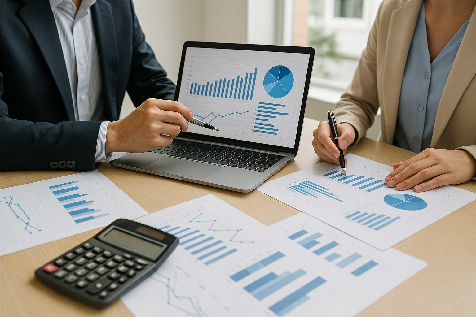 Business professionals reviewing tax charts and documents in a modern office, representing effective vs. marginal tax rates in Canada.