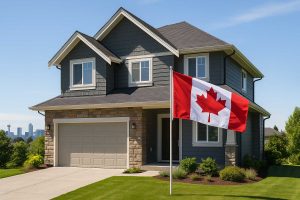 Canadian suburban home with landscaped yard and Canadian flag, representing non-resident property ownership and investment opportunities.