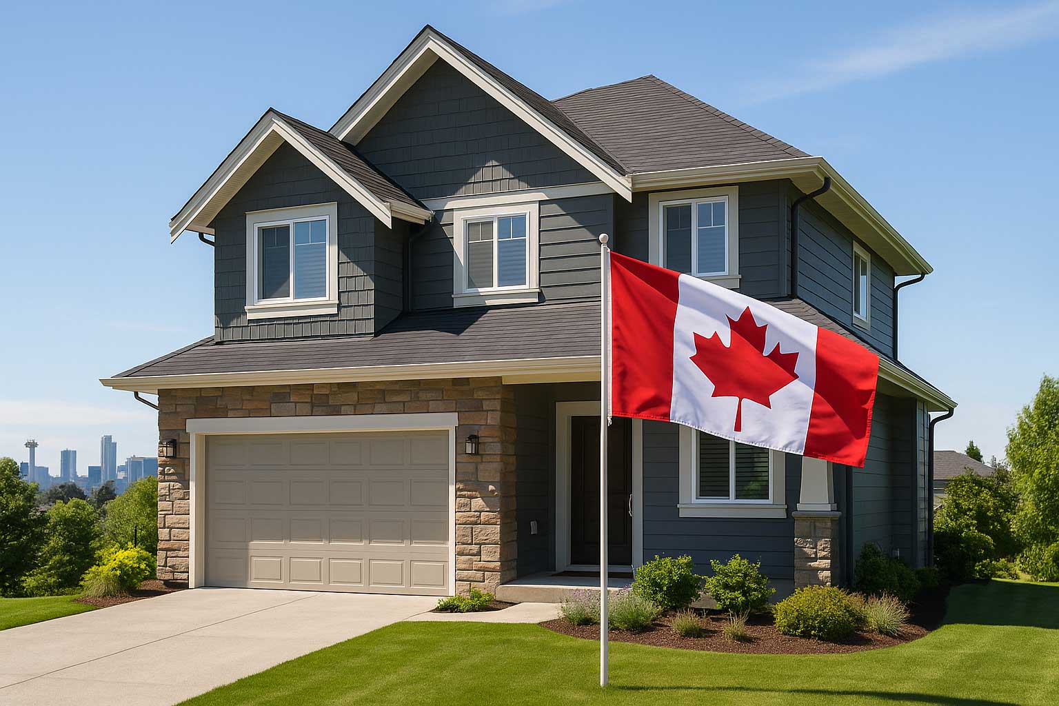 Canadian suburban home with landscaped yard and Canadian flag, representing non-resident property ownership and investment opportunities.