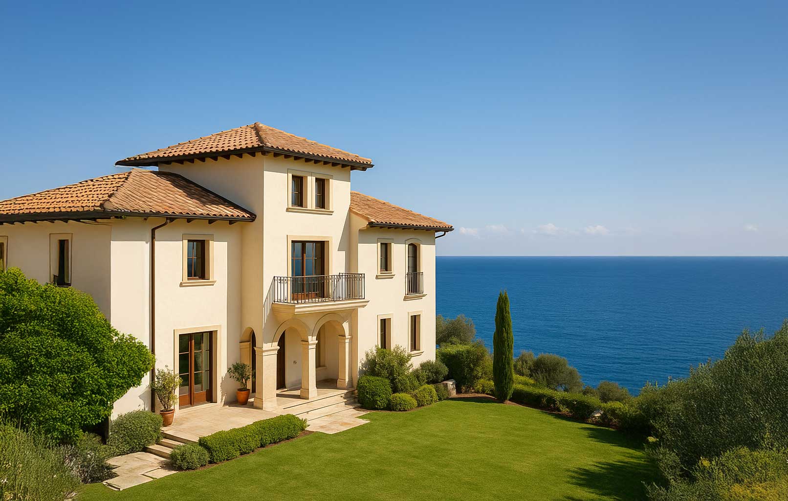 Mediterranean villa overlooking the sea, representing Canadians owning and selling property abroad and their international tax obligations.
