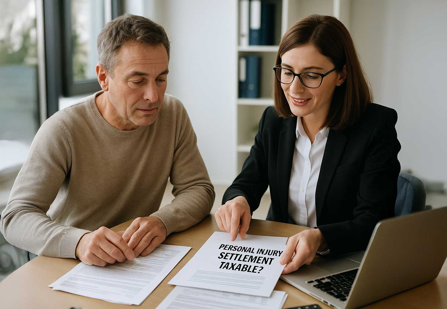 "Canadian accountant reviewing a client’s personal injury settlement paperwork to explain tax-free and taxable components."