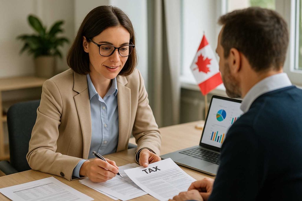 "Montreal accountant reviewing tax deductions, credits, and benefits with a client."