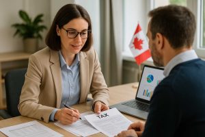 "Montreal accountant reviewing tax deductions, credits, and benefits with a client."