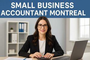 Professional female accountant in a modern Montreal office, smiling at her desk with a calculator and laptop, representing small business accounting services. Ask ChatGPT