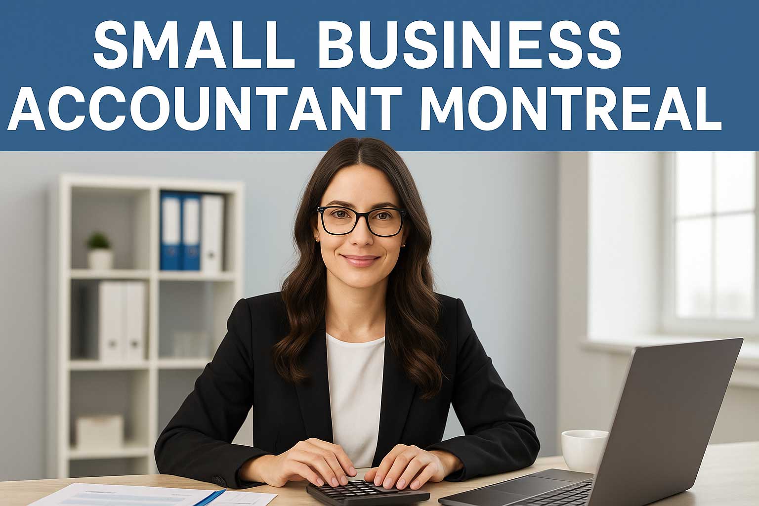 Professional female accountant in a modern Montreal office, smiling at her desk with a calculator and laptop, representing small business accounting services. Ask ChatGPT
