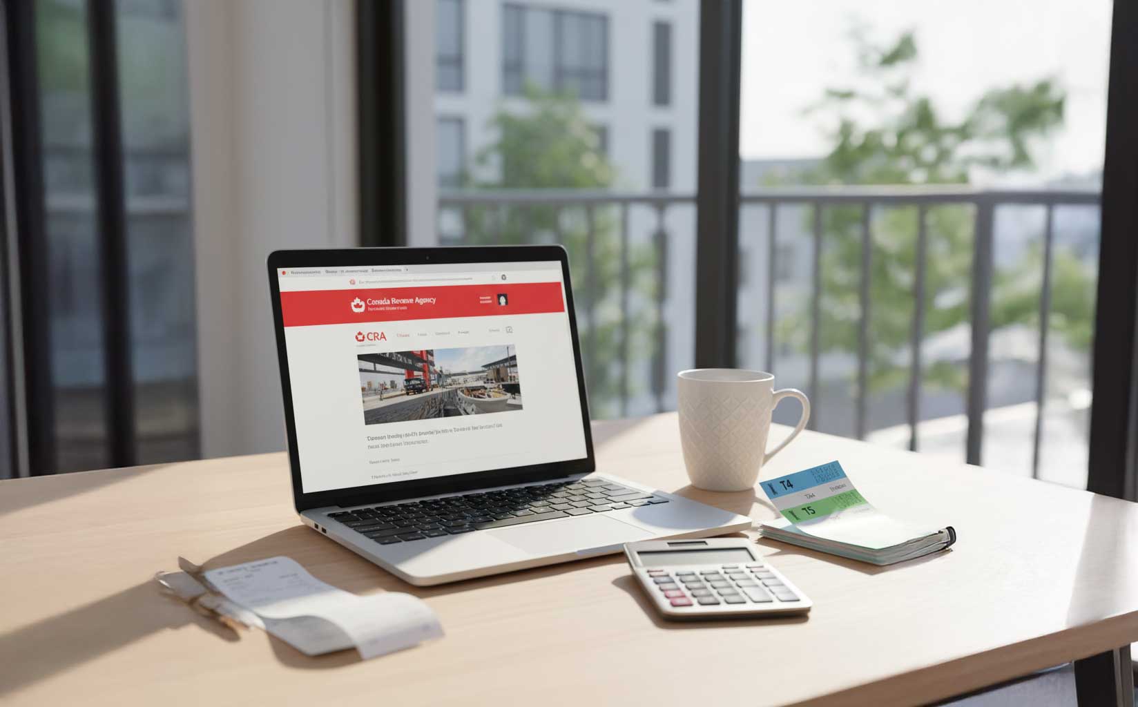“Filing Canadian taxes at home with laptop, CRA documents, tax slips, and calculator on desk.”