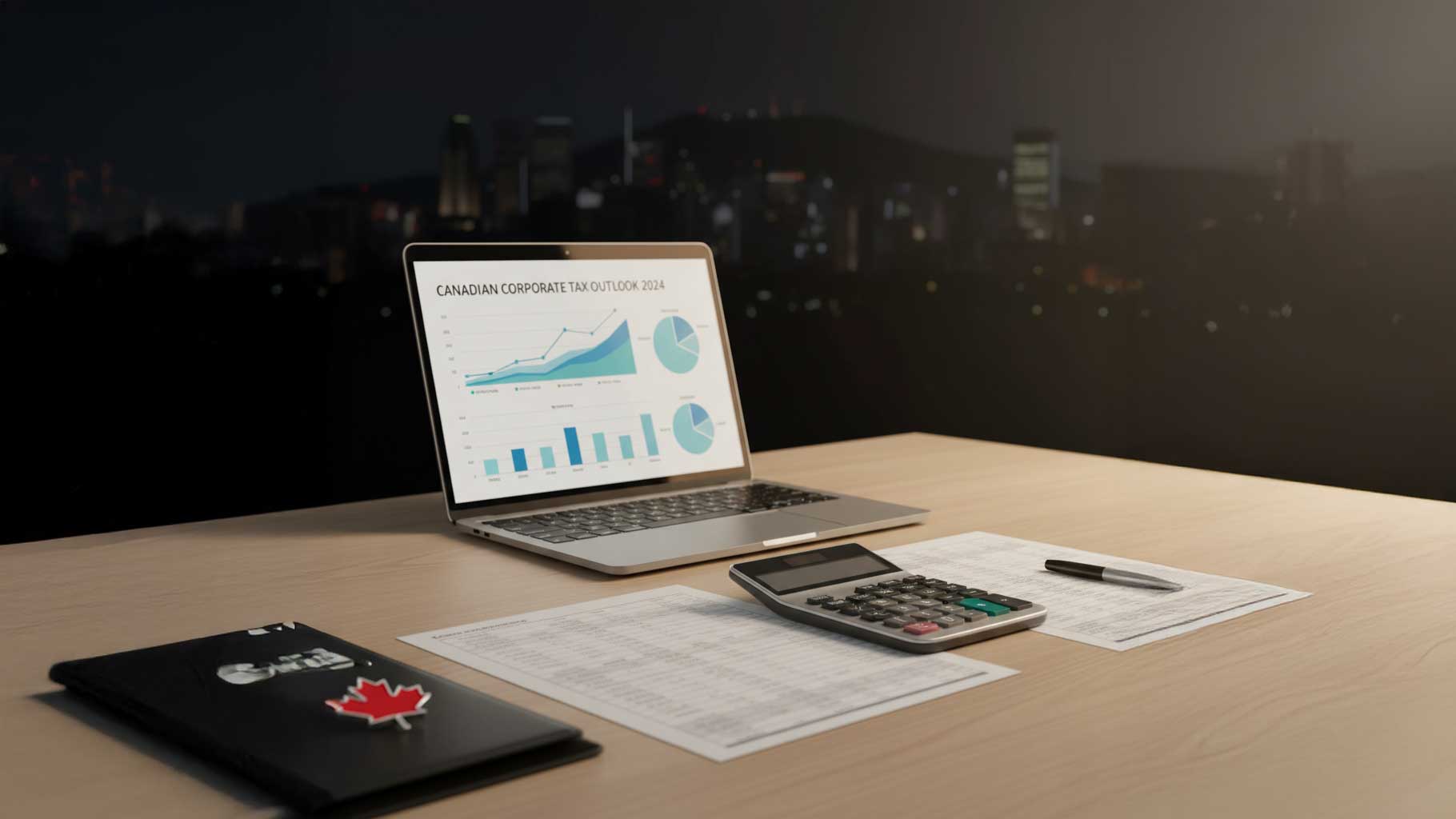 inancial documents and laptop on a desk representing 2025 Canadian business tax updates, with gold accents and a maple leaf symbolizing Accounting Montreal’s corporate tax advisory services.