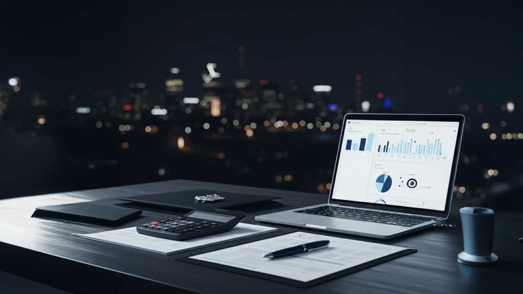Professional desk with financial documents, calculator, and laptop showing simple tax charts—navy and baby-blue accents—representing small-business accounting in Canada.